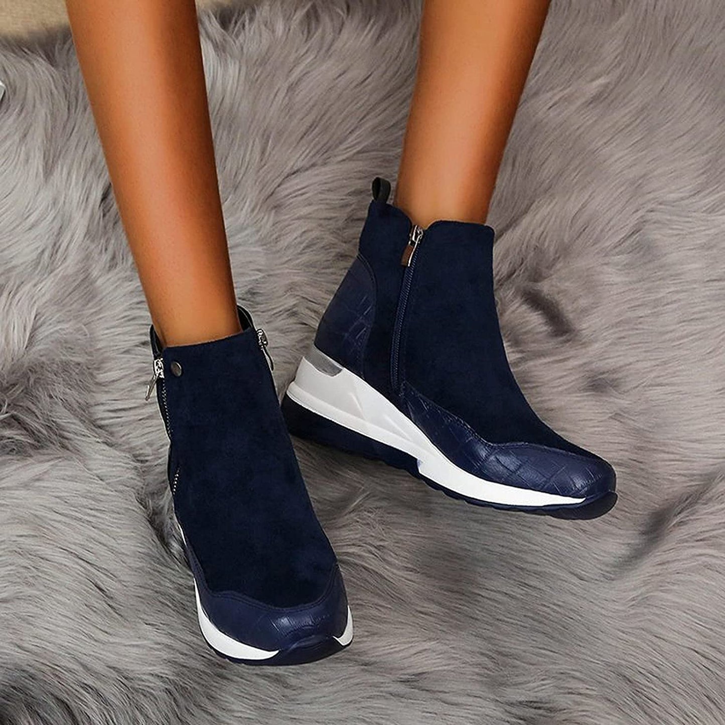 Waterproof Cozy Women’s Ankle Boots - Wedge Suede Heel