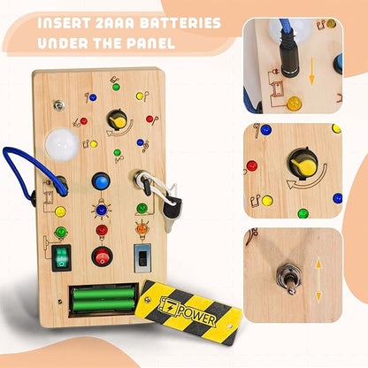 Tablero de entrenamiento sensorial Montessori para niños, juguete educativo de madera con luces LED, regalo de aprendizaje temprano para bebés