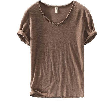 Men's V-Neck Linen Cotton Shirt, Lightweight Short Sleeve Slim-Fit Casual Top for Summer-2