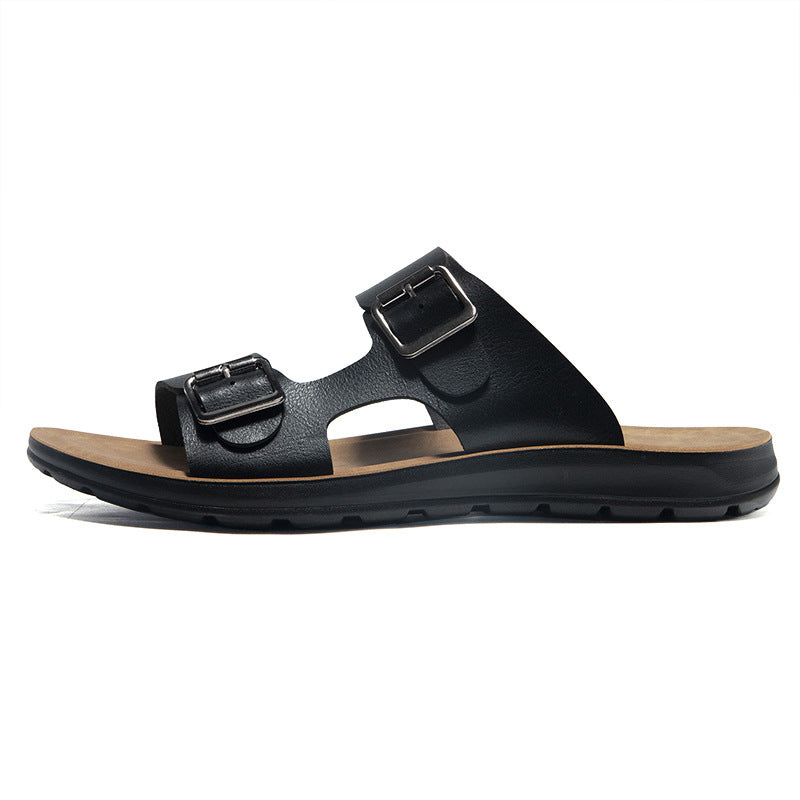 Non-slip men's sandals - double-buckle, PU leather, beach-ready footwear for everyday wear