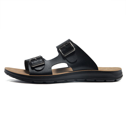 Non-slip men's sandals - double-buckle, PU leather, beach-ready footwear for everyday wear