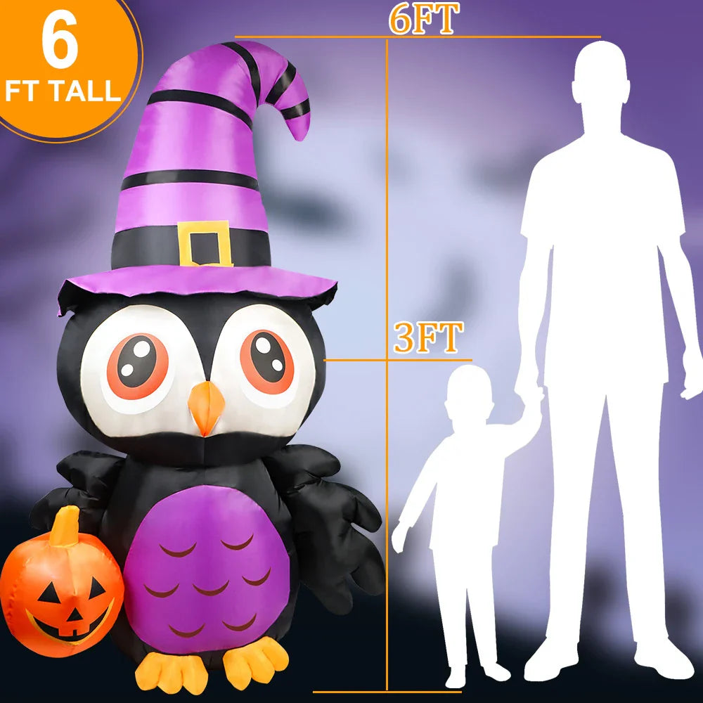 6ft Halloween Inflatable Owl with LED Lights & Pumpkin – Outdoor Yard Decoration