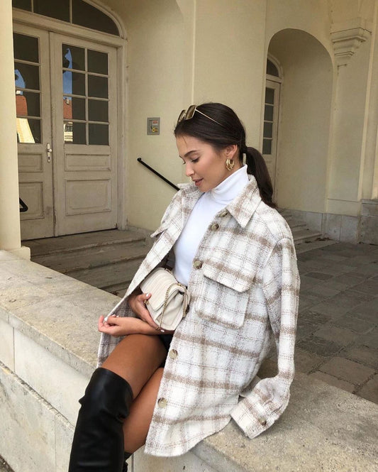 Oversized Dames Lange Jas - Overhemdstijl, Tweed, Voor Stad