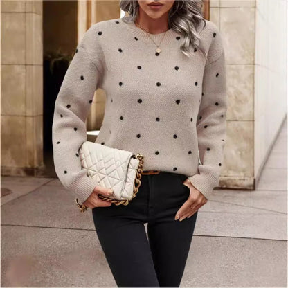 Soft Womens Sweater - Round Neck Long Sleeve Jacquard, Cozy