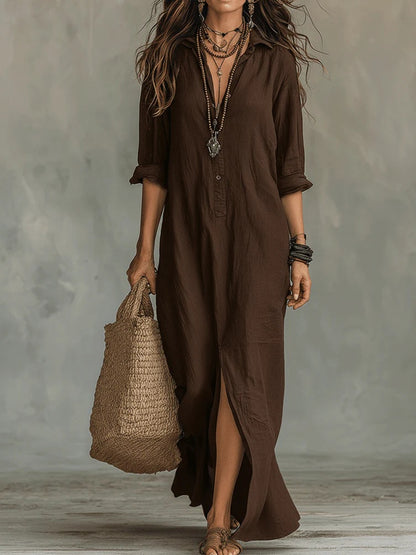 Soft women's flowy maxi dress - long-sleeve lapel-collar, solid, beach vacation