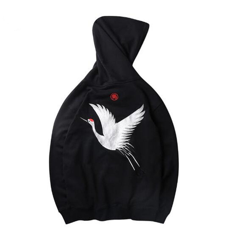 Oversized relaxed hoodie - embroidered crane, cotton blend