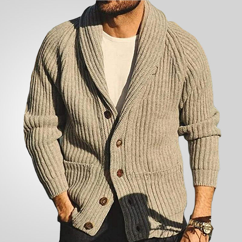Weicher Herren-Strickjacke mit Schalkragen – Rippstrick, Frühling Herbst