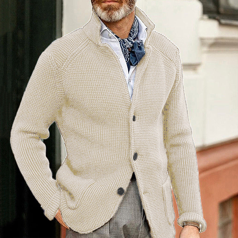 Warm Men's Cardigan - Stand Up Collar, Knitted, Commute