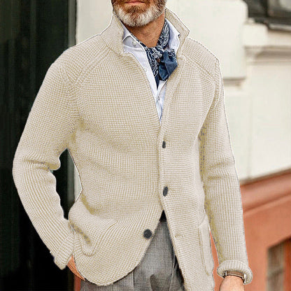 Warm Men's Cardigan - Stand Up Collar, Knitted, Commute