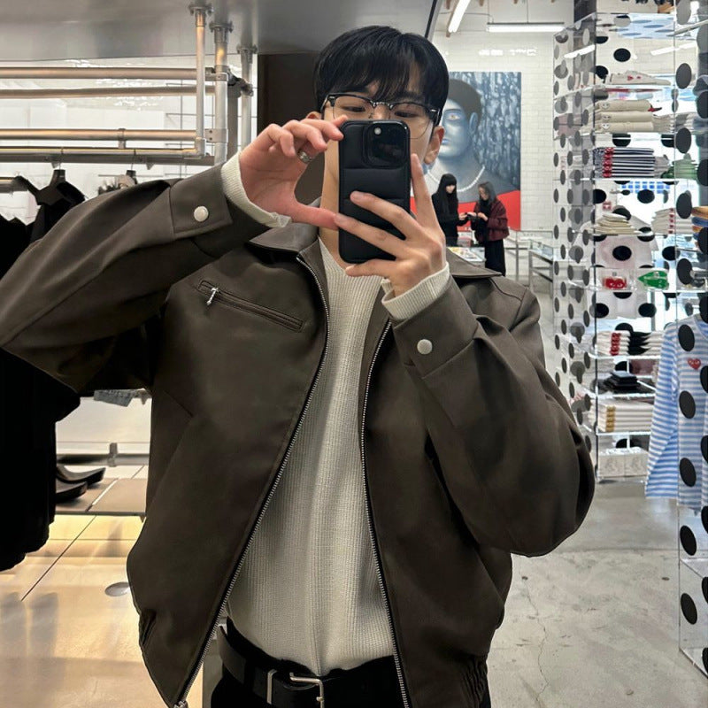 Chaqueta de motociclista para hombre con solapa suave - cierre frontal con cremallera, cuello con solapa, cuero PU, ropa casual para la ciudad