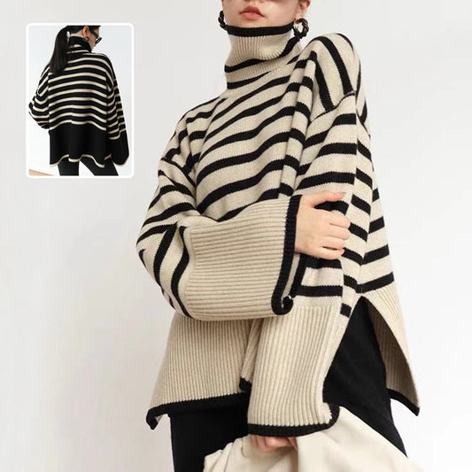 Oversized Women Turtleneck Sweater - Slit Knit, Warm