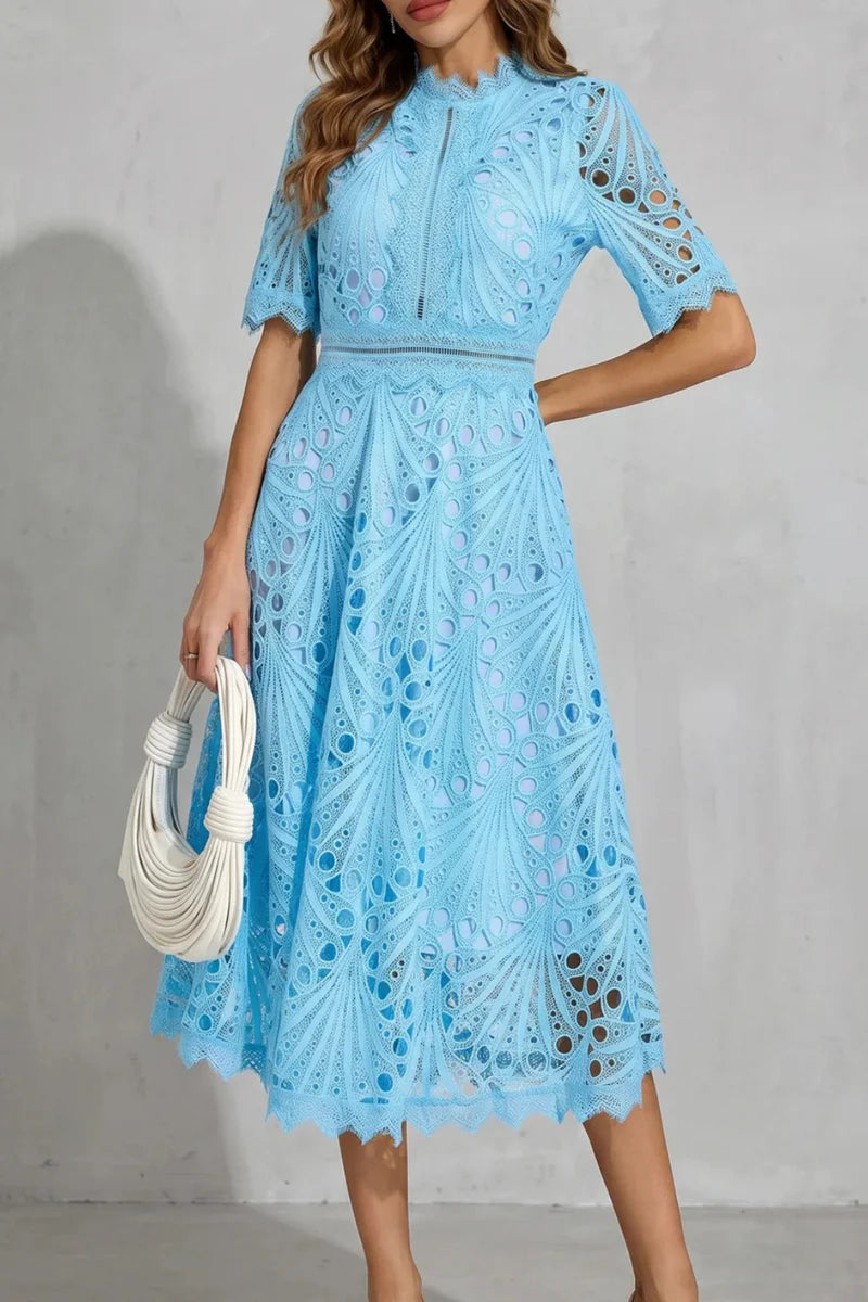 Soft Women's Dress - Lace, Cinched Waist, Short Sleeves, Classic A-Line Silhouette, 100% Polyester, For Occasions