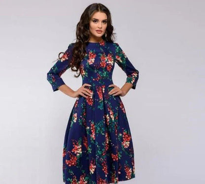 Floral Print Midi Dress with Wide Skirt for Women's Summer and Formal Fashion-6