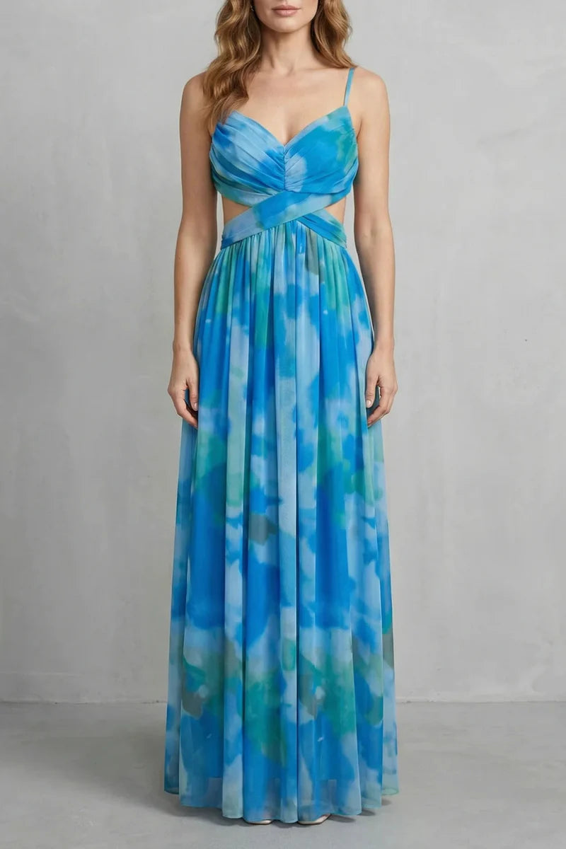 Lightweight women's slip dress – a-line, abstract print, mesh overlay, for evening events