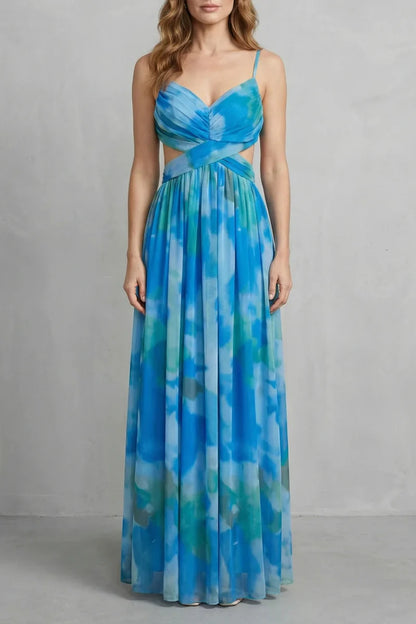 Lightweight women's slip dress – a-line, abstract print, mesh overlay, for evening events