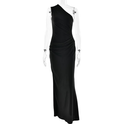 Fitted women's dress - asymmetric one-shoulder sheath, satin, for formal evening events and special occasions