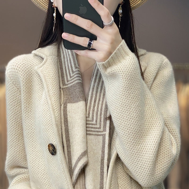 Warm Cozy Women's Cardigan Coat - Suit Collar, Jacquard