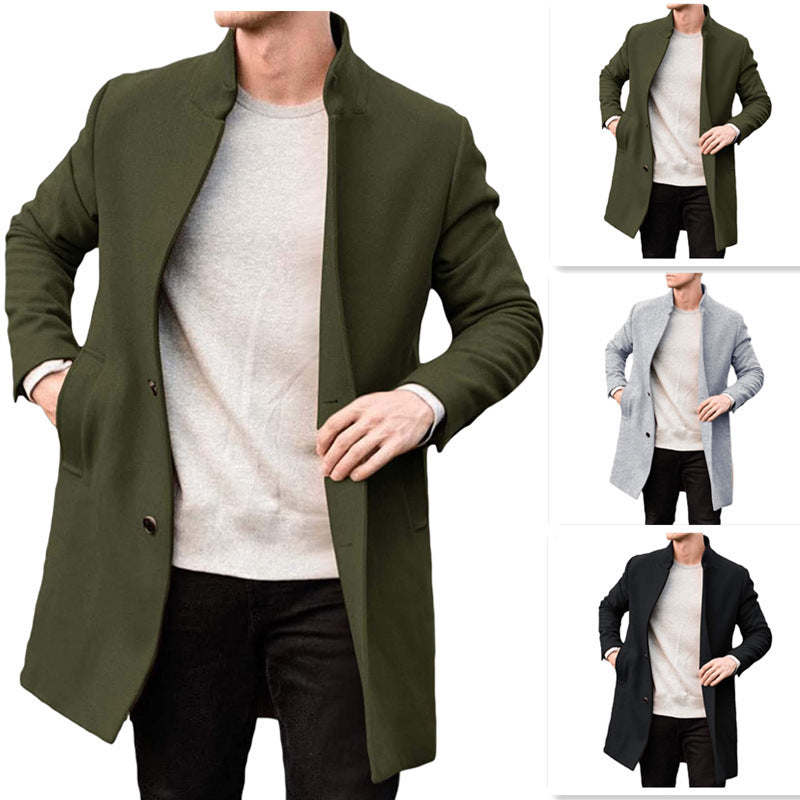 Warm Timeless Men's Wool Coat - Stand Collar, Mid Thigh