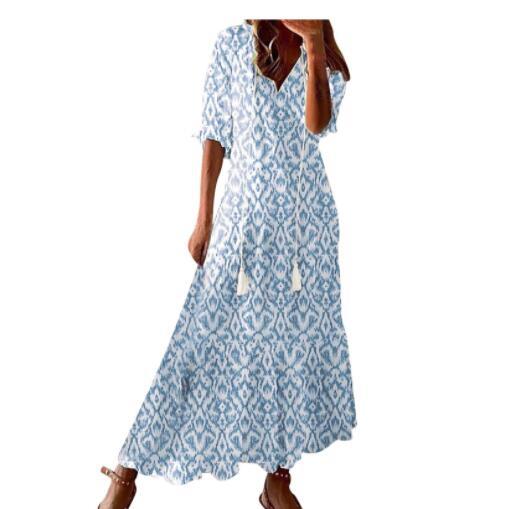 Vestito leggero da donna - stampa bohemien, scollo a V, maniche lunghe, vita media, abbigliamento casual quotidiano