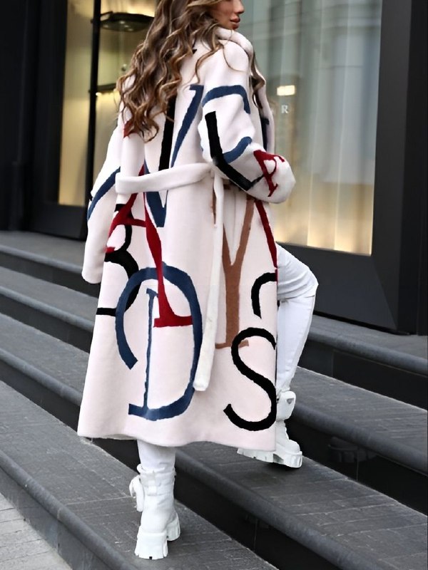 Warm Womens Long Coat - Oversized Letter Print, Wool Winter