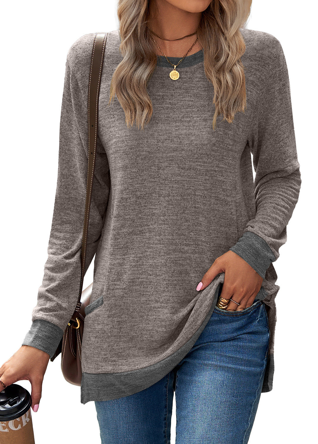 Soft Relaxed Women’s Long Sleeve Pullover - Round Neck Tunic, Cotton Cashmere Knit, Pocketed Mid Length Top For Casual Wear