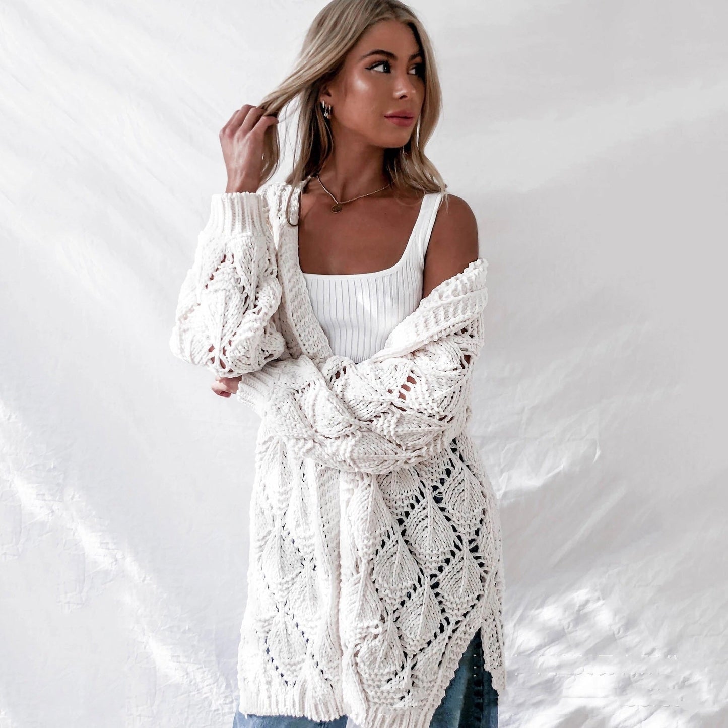 Soft Womens Long Cardigan - Hollow Knit, Chenille, Summer