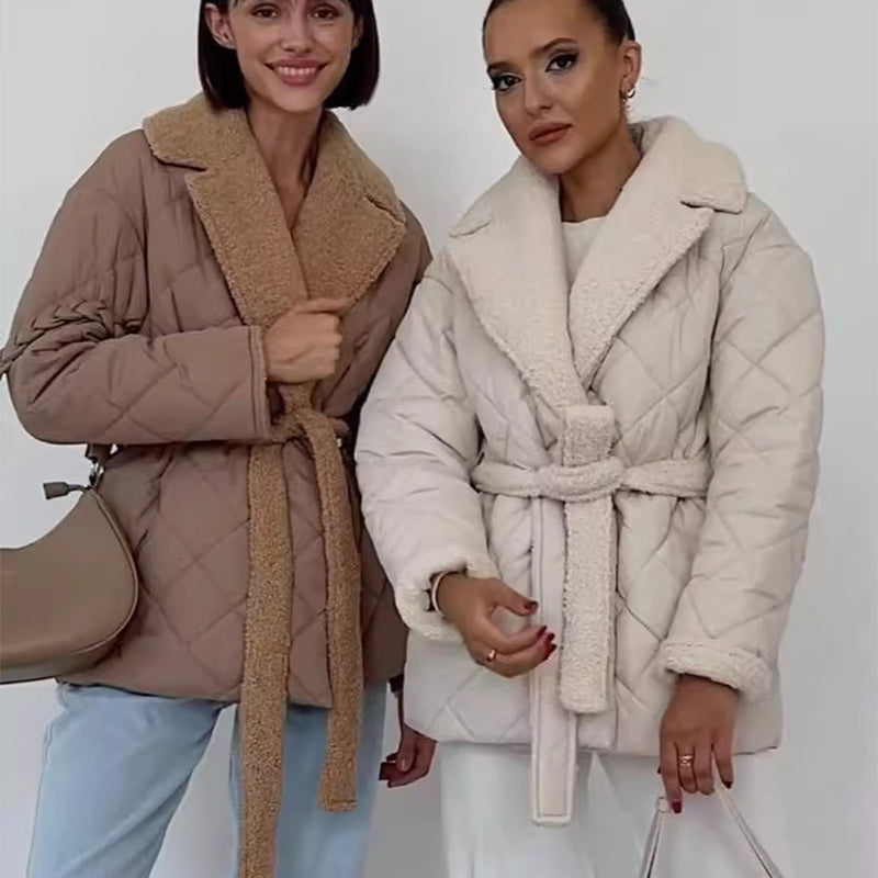 Warm Womens Coat - Quilted Sherpa Lapel, Belted Winter