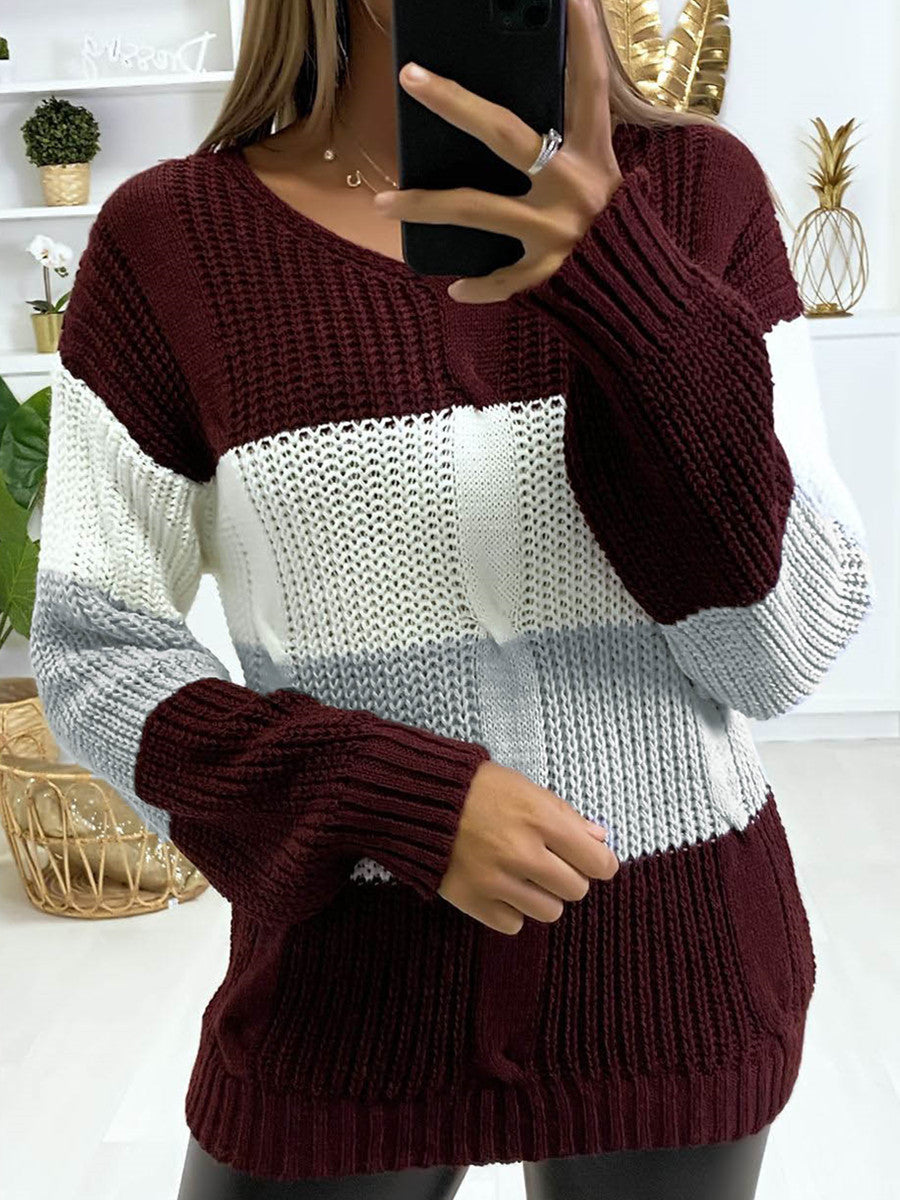 Soft Flattering Women V Neck Sweater - Colorblock Knit