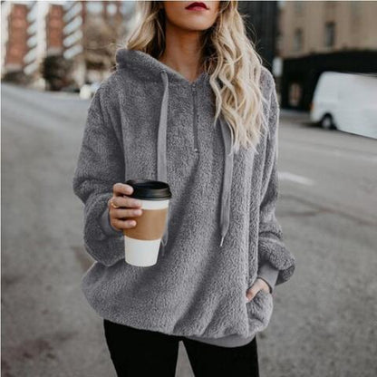 Weicher Lässiger Damen-Hoodie - Pullover mit halbem Reißverschluss, Fleece