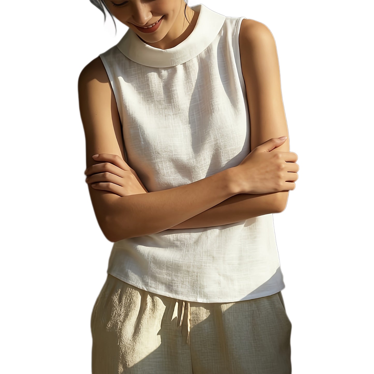 Breathable women's sleeveless shirt - structured stand-collar, linen, office-to-dinner