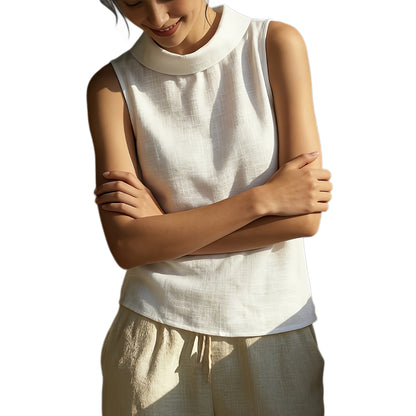 Breathable women's sleeveless shirt - structured stand-collar, linen, office-to-dinner