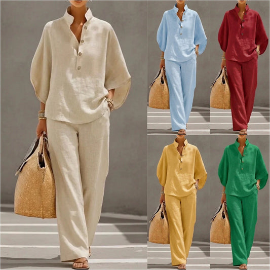 Lightweight Women's Suit Set - Stand-Collar Pullover Top, Balloon Sleeves, Straight-Leg Trousers, Polyester, For Office