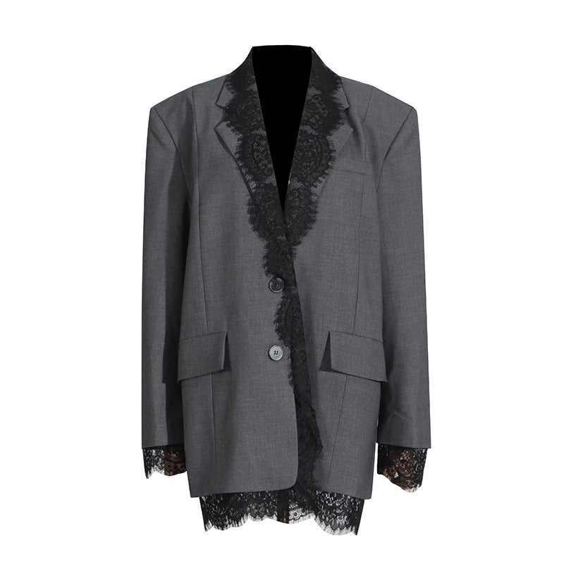 Structured women's blazer - lace-panel design, long-sleeve, polyester, for office-ready workwear