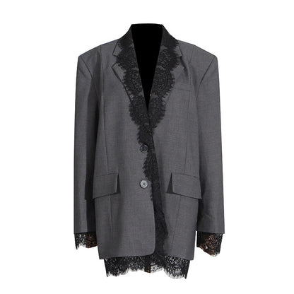 Structured women's blazer - lace-panel design, long-sleeve, polyester, for office-ready workwear