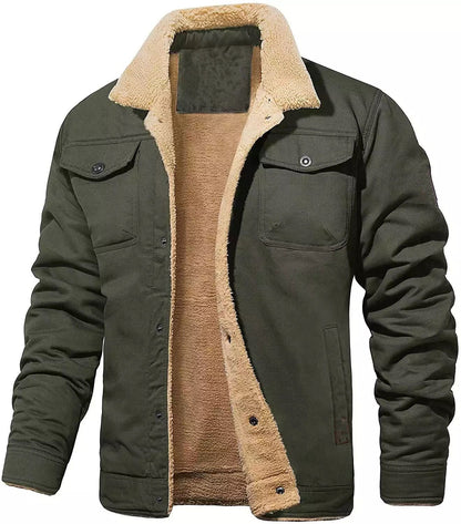 Warm Durable Men's Jacket - Trucker Cut, Sherpa Lined Cotton Canvas, For Fall And Winter