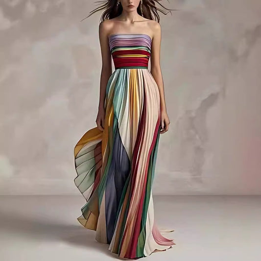 Vestito lungo leggero da donna - top a fascia, gonna fluida a righe stampate, crepe di poliestere, per vacanze estive