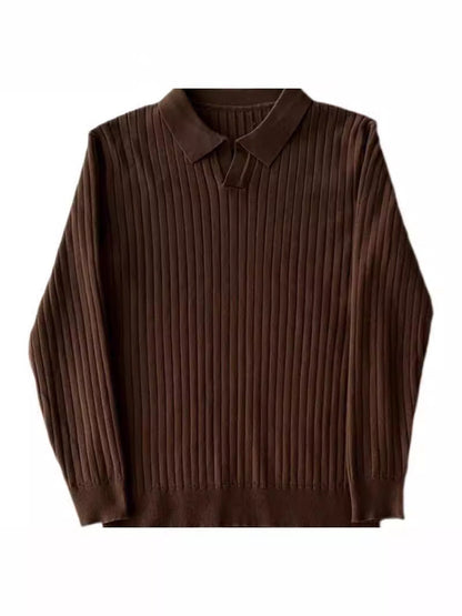 Fitted Men's Long Sleeve Polo Shirt - Ribbed Knit, Casual