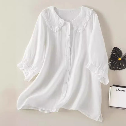Soft women's shirt - Claudine collar, half-sleeve, relaxed fit, casual everyday wear with denim