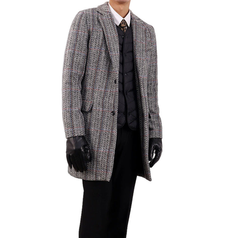 Insulating Men's Overcoat - Tailored Herringbone, Wool, Work