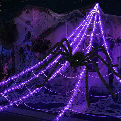 Halloween Spider Web with 290 LED Lights - Giant Outdoor Spider Decoration with 78.7" Spider