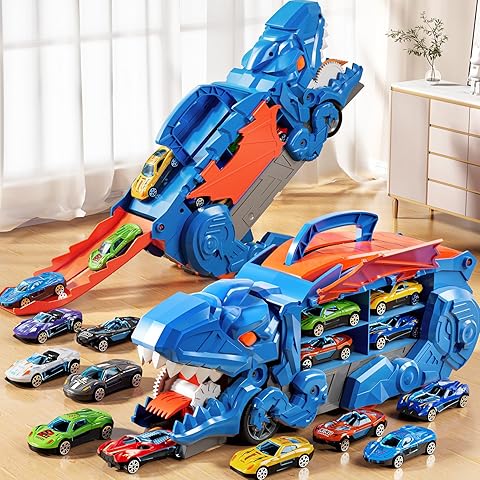 Folding Dinosaur Transporter Car Set - 2 Die-Cast Cars for Competitive Play & Easy Storage