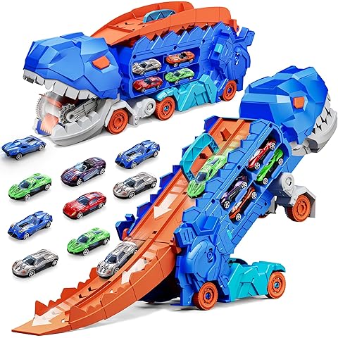 Folding Dinosaur Transporter Car Set - 2 Die-Cast Cars for Competitive Play & Easy Storage