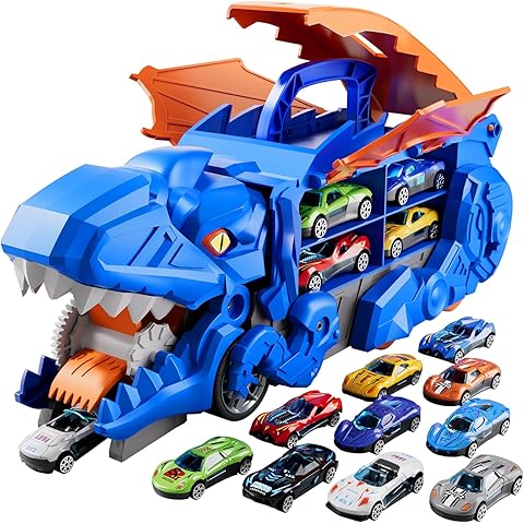 Folding Dinosaur Transporter Car Set - 2 Die-Cast Cars for Competitive Play & Easy Storage