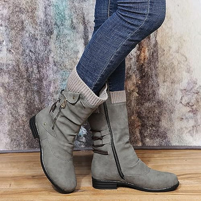 Warm Cozy Women's Mid Calf Winter Boots- Leather, For Winter