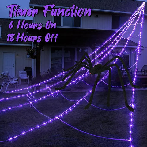 Halloween Spider Web with 290 LED Lights - Giant Outdoor Spider Decoration with 78.7" Spider