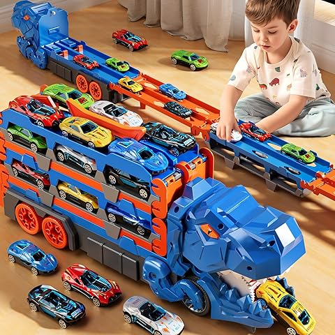 Folding Dinosaur Transporter Car Set - 2 Die-Cast Cars for Competitive Play & Easy Storage