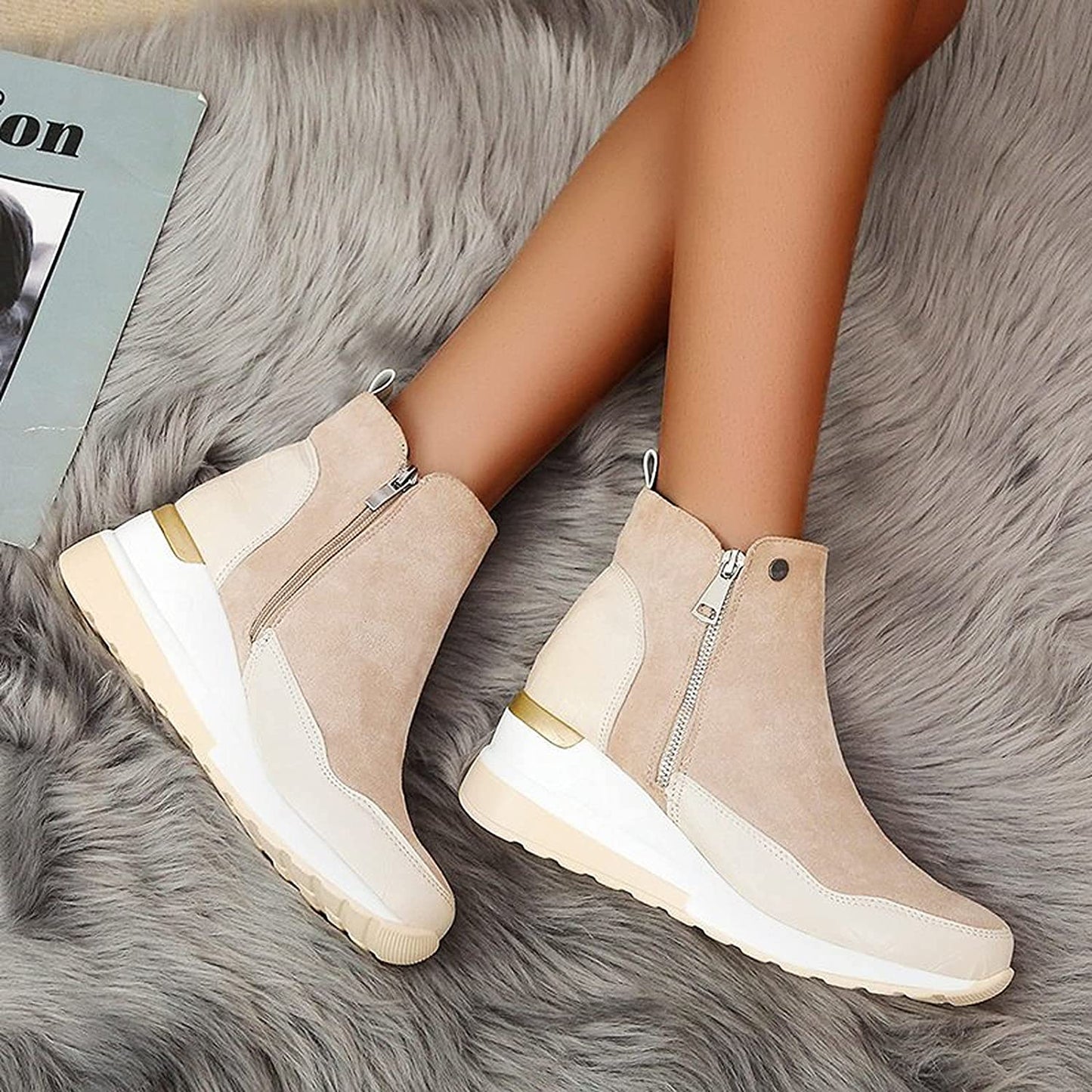 Waterproof Cozy Women’s Ankle Boots - Wedge Suede Heel