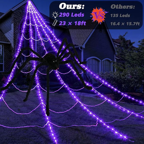 Halloween Spider Web with 290 LED Lights - Giant Outdoor Spider Decoration with 78.7" Spider