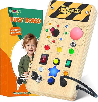 Tablero de entrenamiento sensorial Montessori para niños, juguete educativo de madera con luces LED, regalo de aprendizaje temprano para bebés