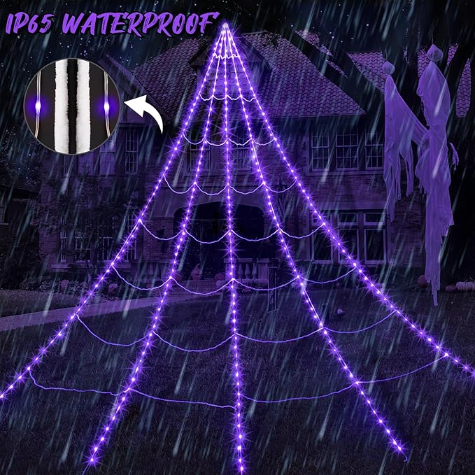 Halloween Spider Web with 290 LED Lights - Giant Outdoor Spider Decoration with 78.7" Spider